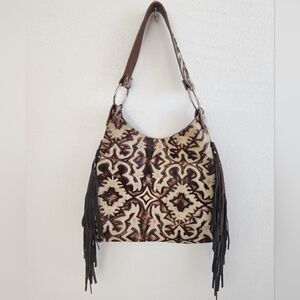 Raviani Brown and Cream Hobo Bag with Fringe Embossed Southwestern Leather NEW